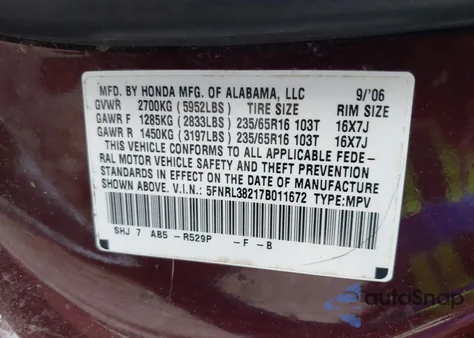 2007 Honda Odyssey Lx z USA, uszkodzony, nr VIN 5FNRL38217B011672